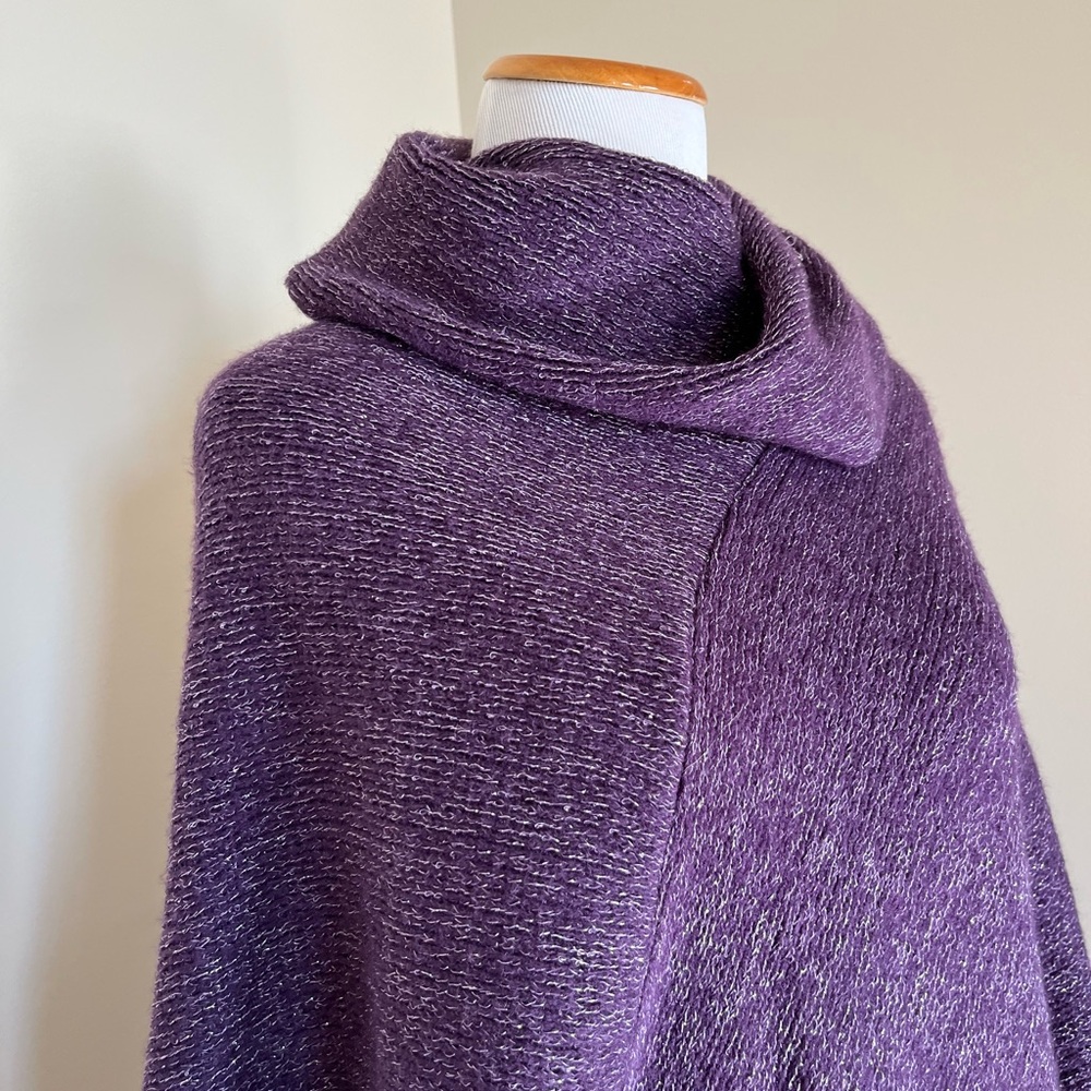 Chico's Purple & Silver Metallic Cowl Neck Poncho with Fringe OS - Picture 3 of 9